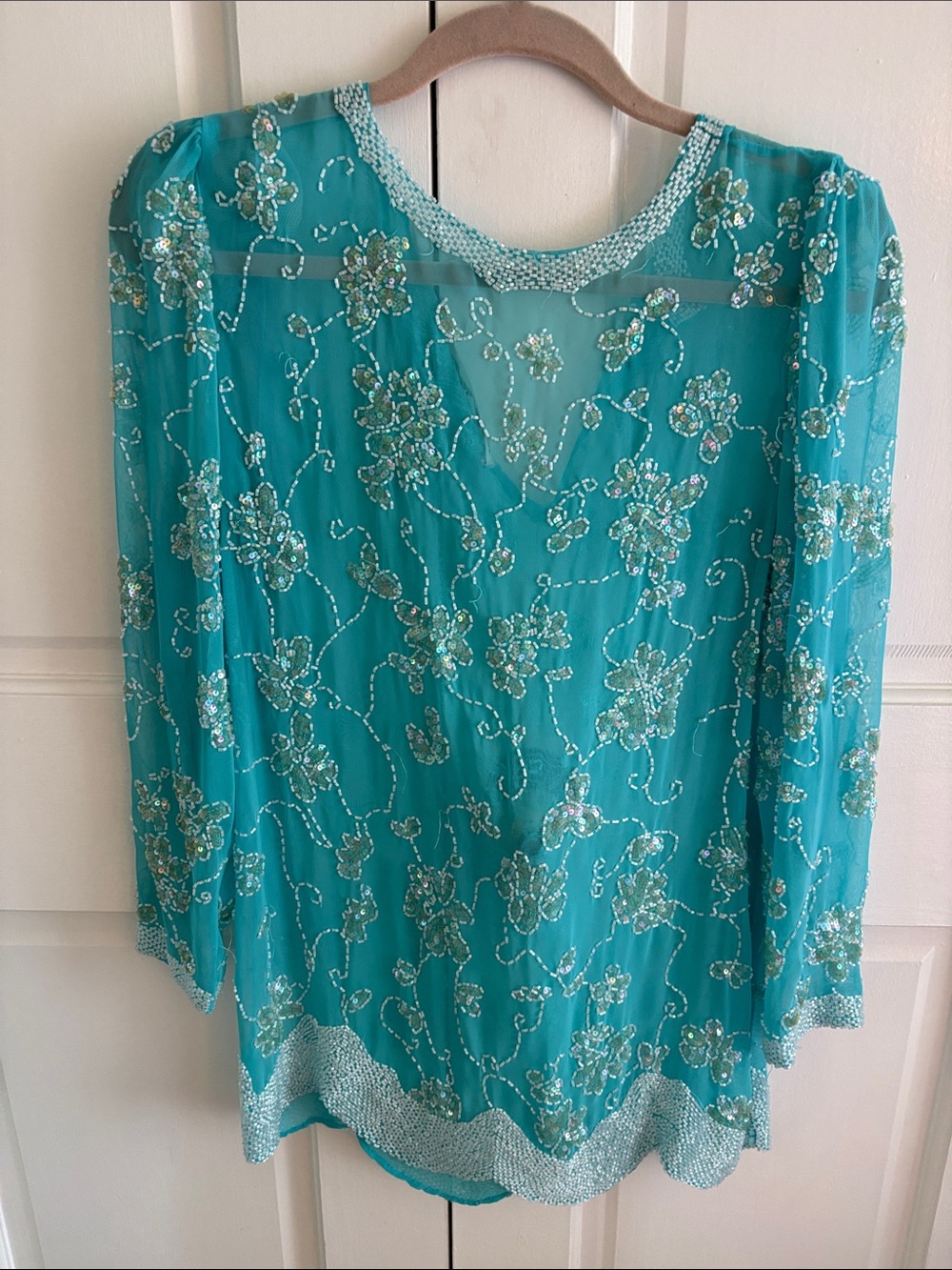 Lillie Rubin Teal Beaded Floral Embellished Tunic Top